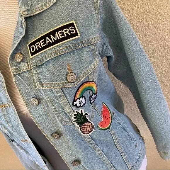 Bershka Denim Jean Jacket Vintage Inspired Style Patches Cactus Watermelon: XS - Picture 3 of 12